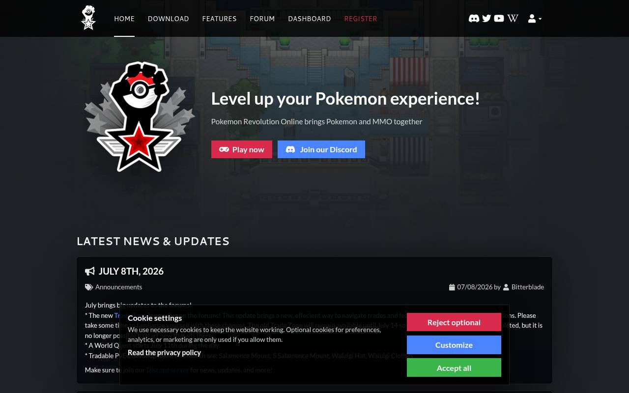 Tampilan situs Pokémon Revolution Online