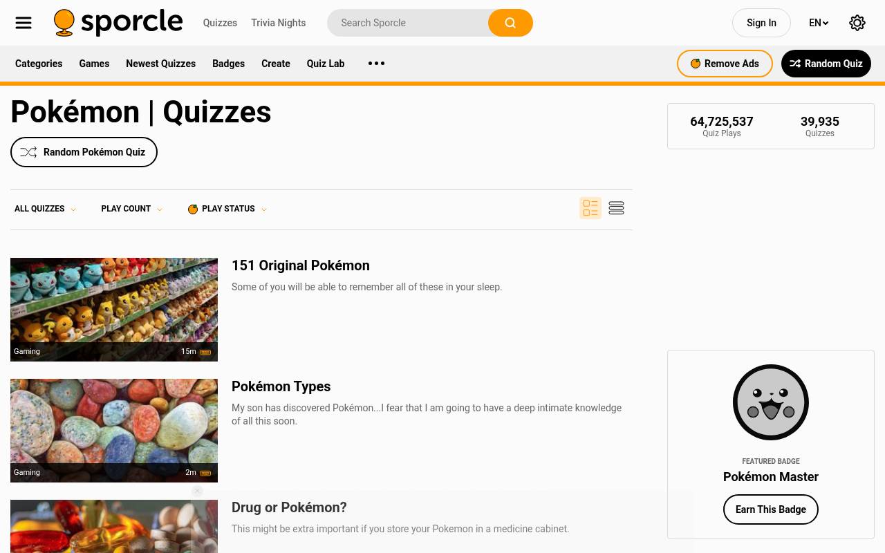 Tampilan situs Pokémon Quiz