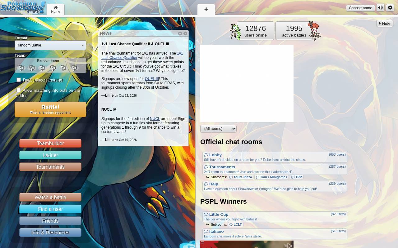 Tampilan situs Pokémon Showdown