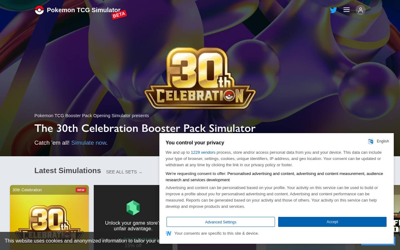 Tampilan situs Pokémon TCG Simulator